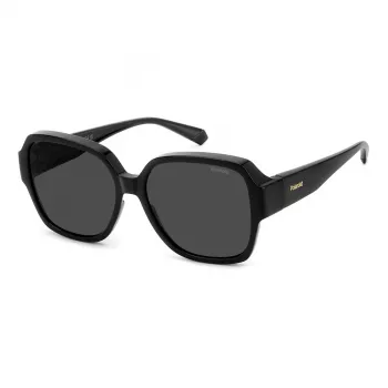 Polaroid Ancillaries PLD9021S807 Unisex Ristkülikukujulised Päikeseprillid - Must Raam, Hallid Polariseeritud Läätsed