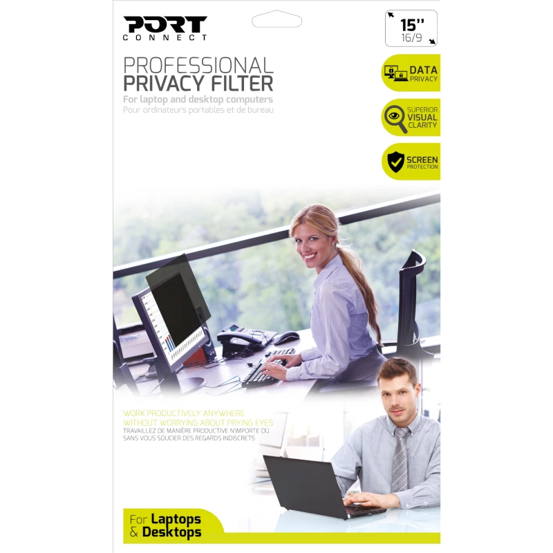 Port Connect 2D Professional privaatsusfilter 15,6 inch (16:9) | Pimestusvastane, kriimustuskindel, sinise valguse ja UV-kaitsega | Eemaldatav liimkinnitus ja libisemiskinnitused | Pööratav matt/läikiv