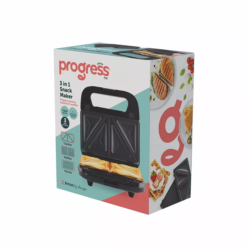 Progress EK6666PVDE 3 in 1 Snack Maker - Vahvli-, võileiva- ja sõõrikuvalmistaja, 900W, must