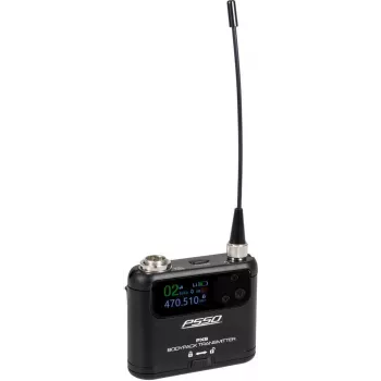 PSSO PXS Mini kehapakett-saatja 470-510 MHz UHF juhtmevaba süsteemi komponent 16 kanaliga, 10 mW väljundvõimsus, LCD-ekraan, 10-tunnine aku tööiga, 3-pin Mini-XLR sisend, vööklamber kaasas 13063513
