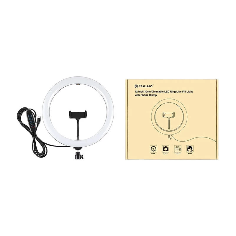 PULUZ PU656B 10-tolline LED-rongvalgus koos telefonihoidja ja statiiviga, 12W, 3000K-6500K, USB-toitega, otseülekanneteks, TikToki, YouTube'i, meigi- ja fotograafia jaoks