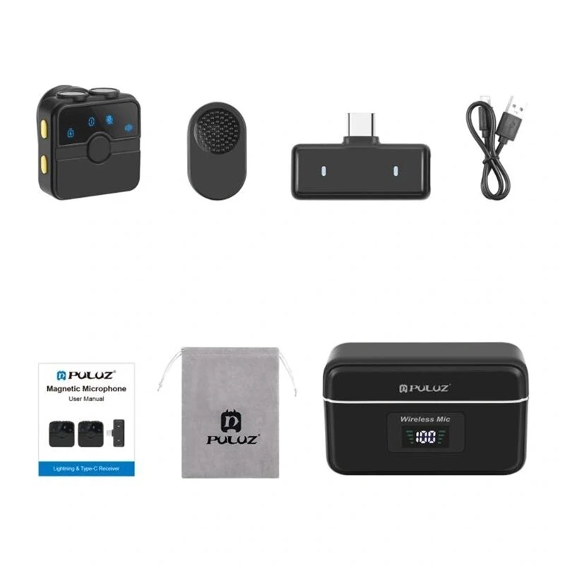 PULUZ SmartLink WS300 2,4 GHz kahe juhtmevaba lavalier-mikrofoni süsteem müravähendusega, 100 m ulatus, USB-C laadimine
