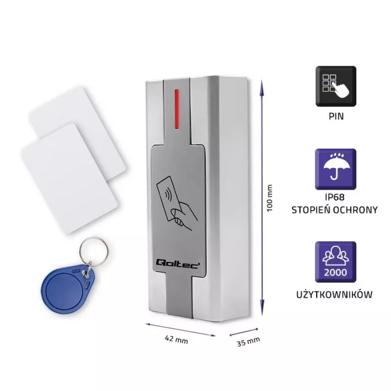 Qoltec 52446 läheduskaardi ja võtmehoidja lugeja – 125 kHz RFID, Wiegand 26-bit, IP65