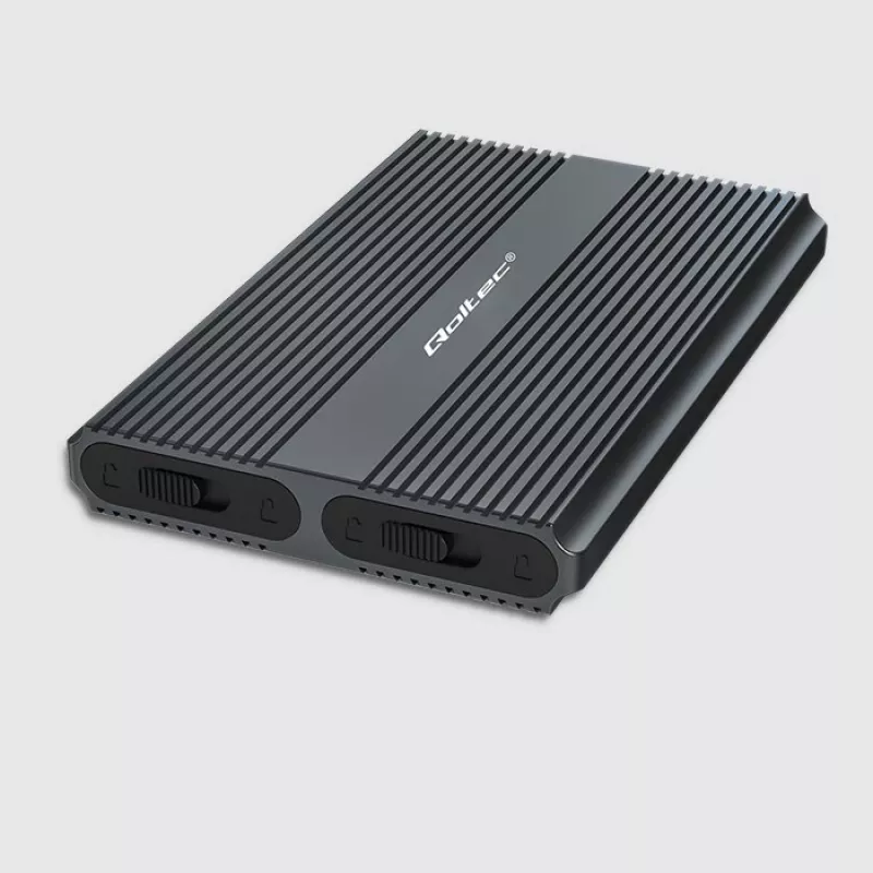 Qoltec Dual M.2 NVMe SATA SSD korpus USB-C 3.2 Gen 2-ga, tööriistavaba alumiinium, toetab 2x2TB, UASP, TRIM, 10Gbps