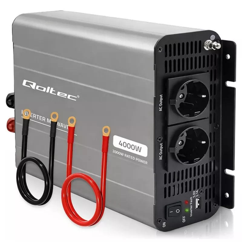 Qoltec modifitseeritud siinuslaine pingemuundur 12V kuni 230V 2000W/4000W USB-iga, ühilduv LiFePO4 GEL AGM-iga