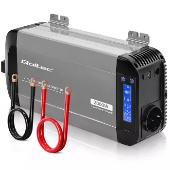 Qoltec puhas siinuslaine inverter 12V kuni 230V 1000W/2000W LCD, USB, USB-C, LiFePO4/GEL/AGM-iga ühilduv