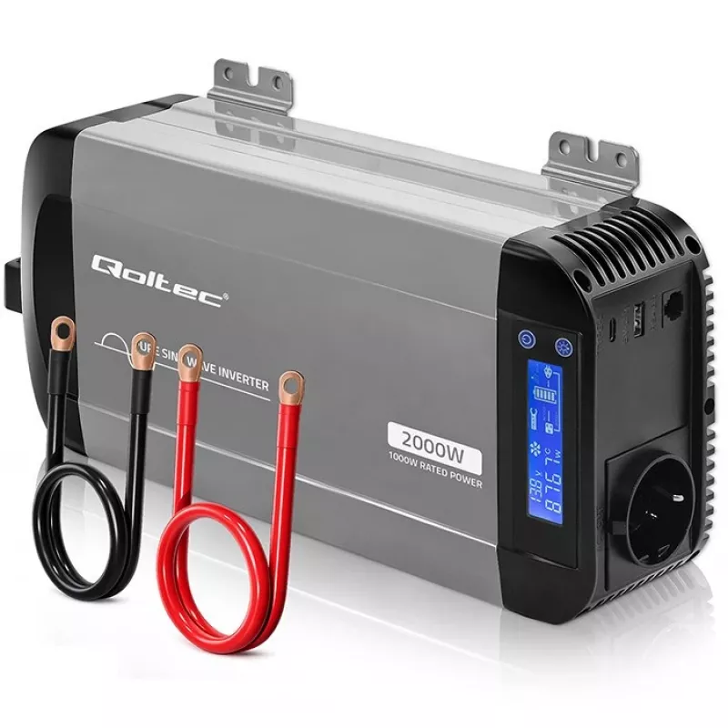 Qoltec puhas siinuslaine inverter 12V kuni 230V 1000W/2000W LCD, USB, USB-C, LiFePO4/GEL/AGM-iga ühilduv