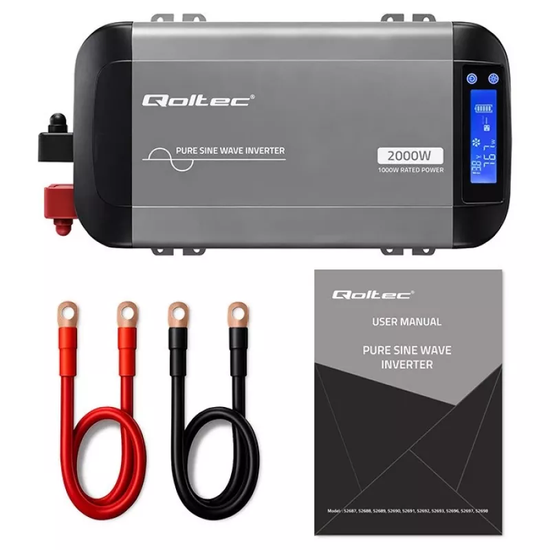 Qoltec puhas siinuslaine inverter 12V kuni 230V 1000W/2000W LCD, USB, USB-C, LiFePO4/GEL/AGM-iga ühilduv