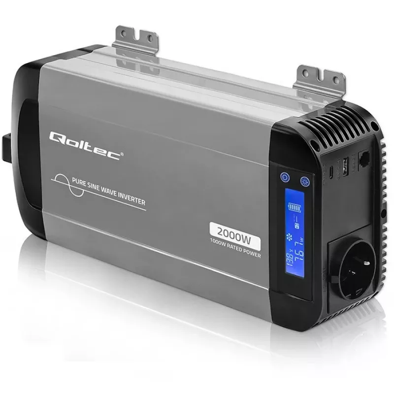 Qoltec puhas siinuslaine inverter 12V kuni 230V 1000W/2000W LCD, USB, USB-C, LiFePO4/GEL/AGM-iga ühilduv