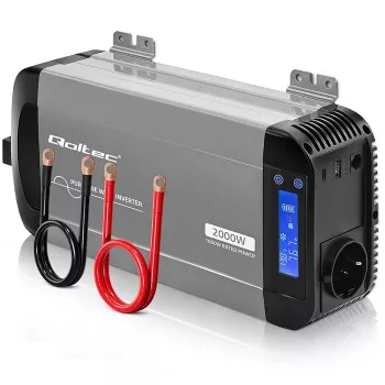 Qoltec puhas siinuslaine inverter 12V kuni 230V 1000W/2000W LCD, USB, USB-C, LiFePO4/GEL/AGM-iga ühilduv