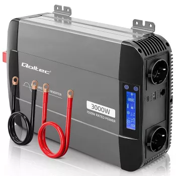 Qoltec puhas siinuslaine inverter 12V kuni 230V 1500W/3000W LCD, USB, USB-C LiFePO4 GEL AGM akudele