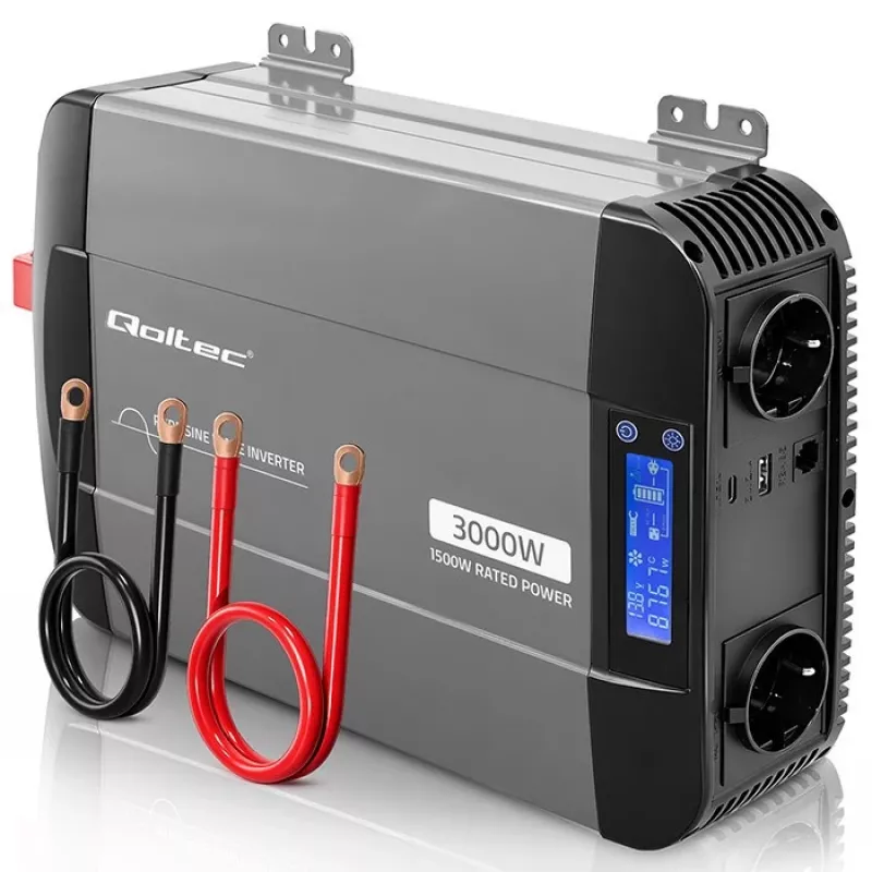 Qoltec puhas siinuslaine inverter 12V kuni 230V 1500W/3000W LCD, USB, USB-C LiFePO4 GEL AGM akudele
