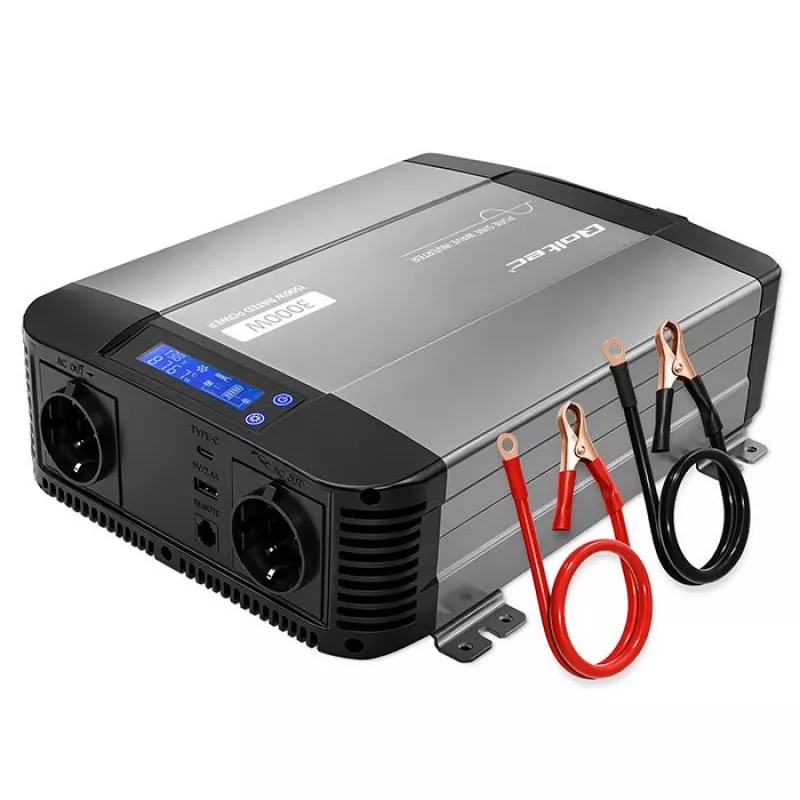 Qoltec puhas siinuslaine inverter 12V kuni 230V 1500W/3000W LCD, USB, USB-C LiFePO4 GEL AGM akudele