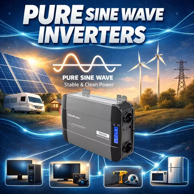 Qoltec puhas siinuslaine inverter 12V kuni 230V 1500W/3000W LCD, USB, USB-C LiFePO4 GEL AGM akudele