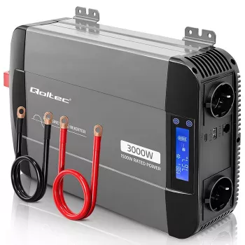 Qoltec puhas siinuslaine inverter 12V kuni 230V 1500W/3000W LCD, USB, USB-C LiFePO4 GEL AGM akudele
