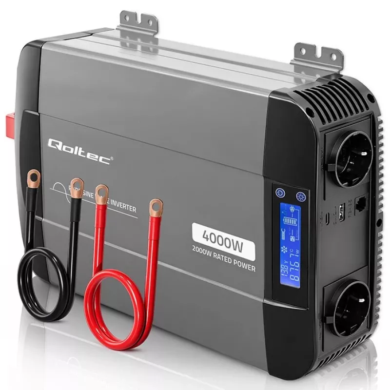 Qoltec puhas siinuslaine inverter 12V kuni 230V 2000W/4000W LCD, USB, USB-C, LiFePO4/GEL/AGM-iga ühilduv