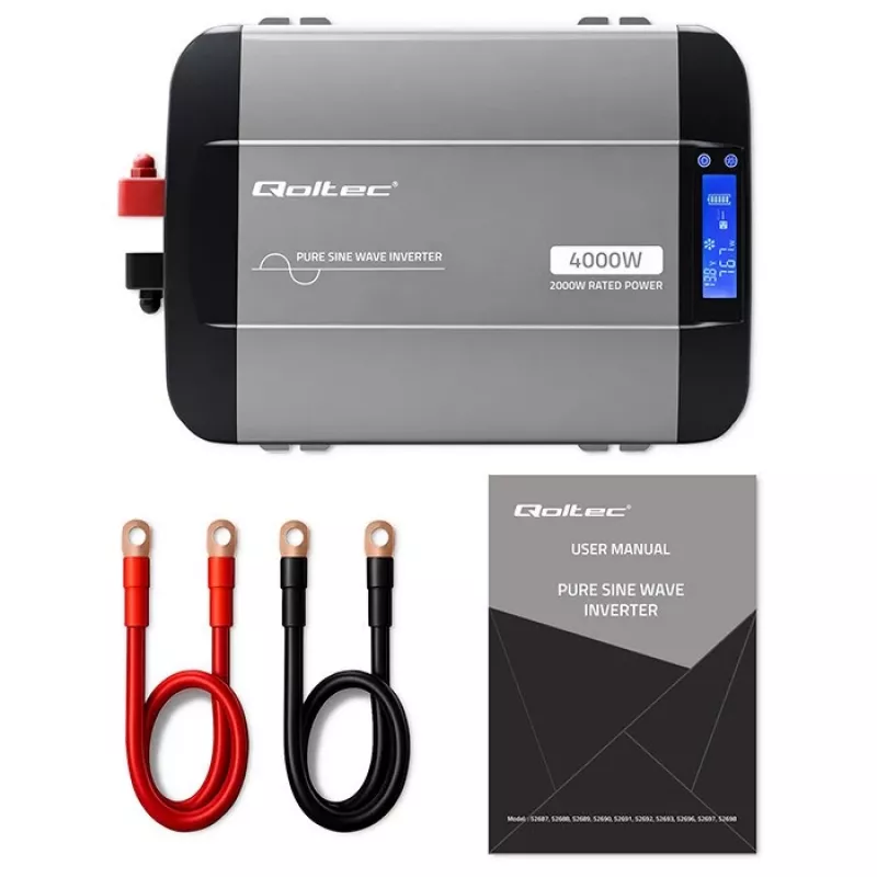 Qoltec puhas siinuslaine inverter 12V kuni 230V 2000W/4000W LCD, USB, USB-C, LiFePO4/GEL/AGM-iga ühilduv