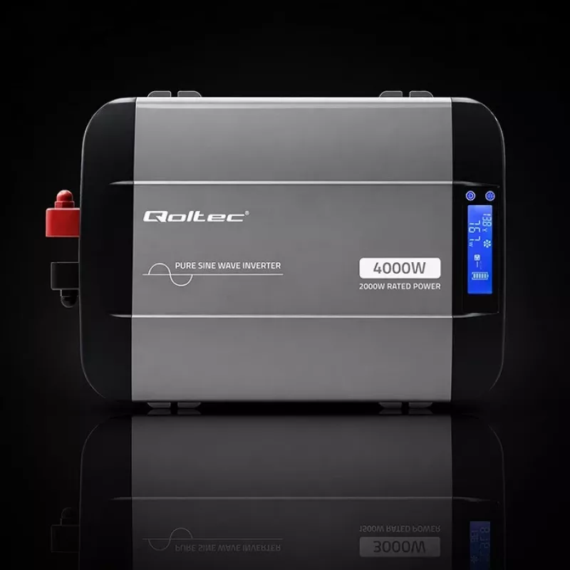 Qoltec puhas siinuslaine inverter 12V kuni 230V 2000W/4000W LCD, USB, USB-C, LiFePO4/GEL/AGM-iga ühilduv