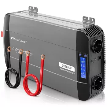 Qoltec puhas siinuslaine inverter 12V kuni 230V 2500W/5000W LCD, USB, USB-C, LiFePO4/GEL/AGM-iga ühilduv