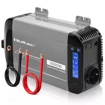 Qoltec puhas siinuslaine inverter 12V kuni 230V 500W/1000W LCD, USB, USB-C, LiFePo4/GEL/AGM-iga ühilduv