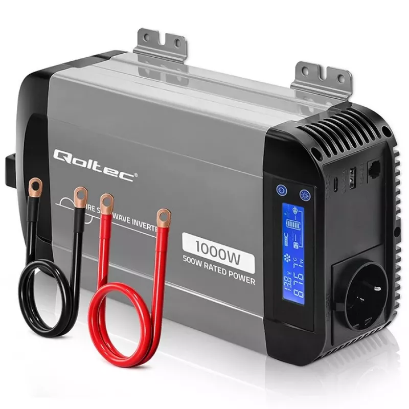 Qoltec puhas siinuslaine inverter 12V kuni 230V 500W/1000W LCD, USB, USB-C, LiFePo4/GEL/AGM-iga ühilduv