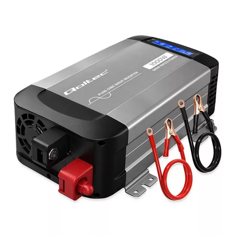 Qoltec puhas siinuslaine inverter 12V kuni 230V 500W/1000W LCD, USB, USB-C, LiFePo4/GEL/AGM-iga ühilduv