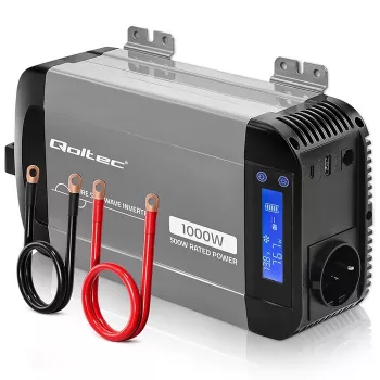 Qoltec puhas siinuslaine inverter 12V kuni 230V 500W/1000W LCD, USB, USB-C, LiFePo4/GEL/AGM-iga ühilduv