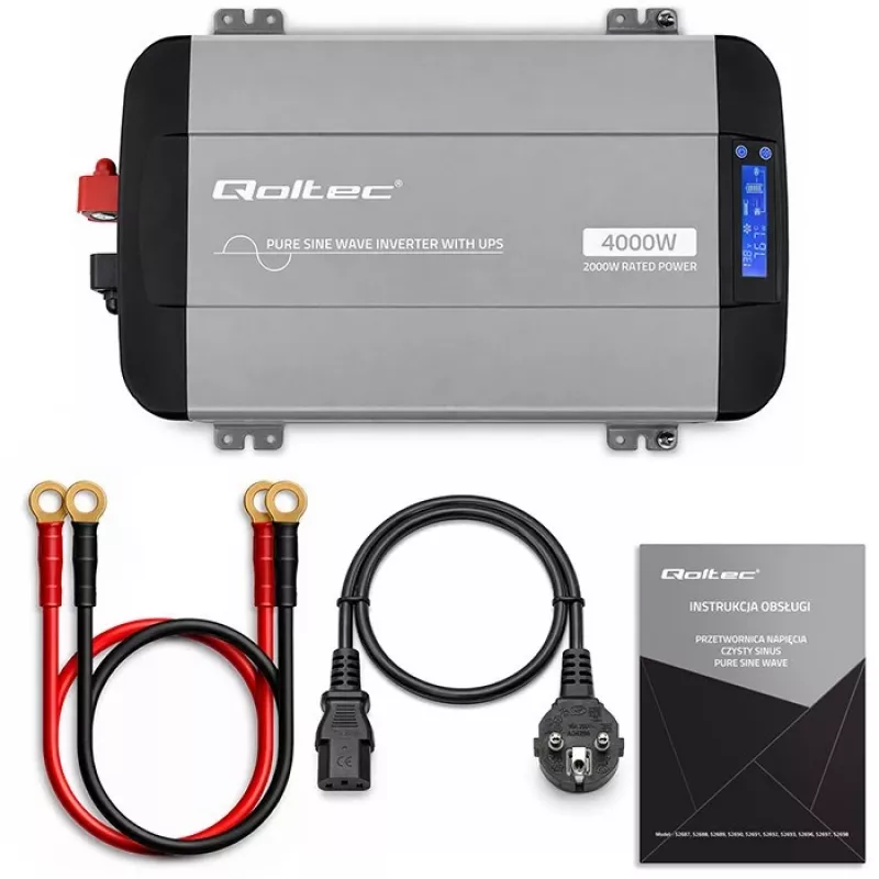 Qoltec Pure Sine Wave Inverter koos UPS-iga | 12V kuni 230V | 2000W pidev / 4000W tipp | LCD | USB-A | USB-C PD 18W | LiFePO4 GEL AGM ühilduv