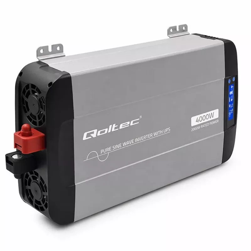 Qoltec Pure Sine Wave Inverter koos UPS-iga | 12V kuni 230V | 2000W pidev / 4000W tipp | LCD | USB-A | USB-C PD 18W | LiFePO4 GEL AGM ühilduv