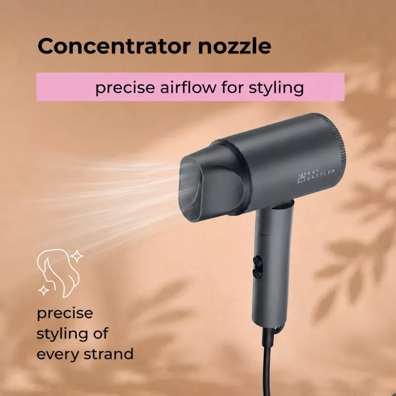 Ray Battler RB 7007 Hair Dryer HD-7007 - 2000W Ionic Ceramic AC Motor, 3 Heat/2 Speed Settings, Cool Shot, Concentrator Nozzle, Black