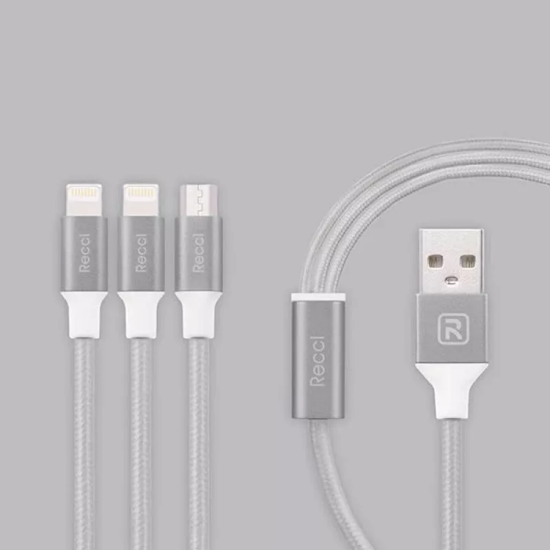Recci Universal Delicate RCS-H120 3 in 1 Micro USB + 2 x Lightning Fast Charging 1.2 m Grey