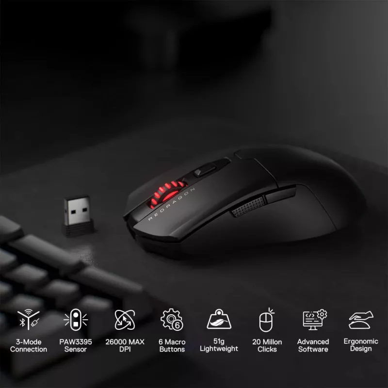 Redragon FYZU M995 PRO Juhtmevaba Mänguhiir - Must, 26K DPI Pixart 3395, Kolm režiimi, 9 nuppu, RGB, 70h aku