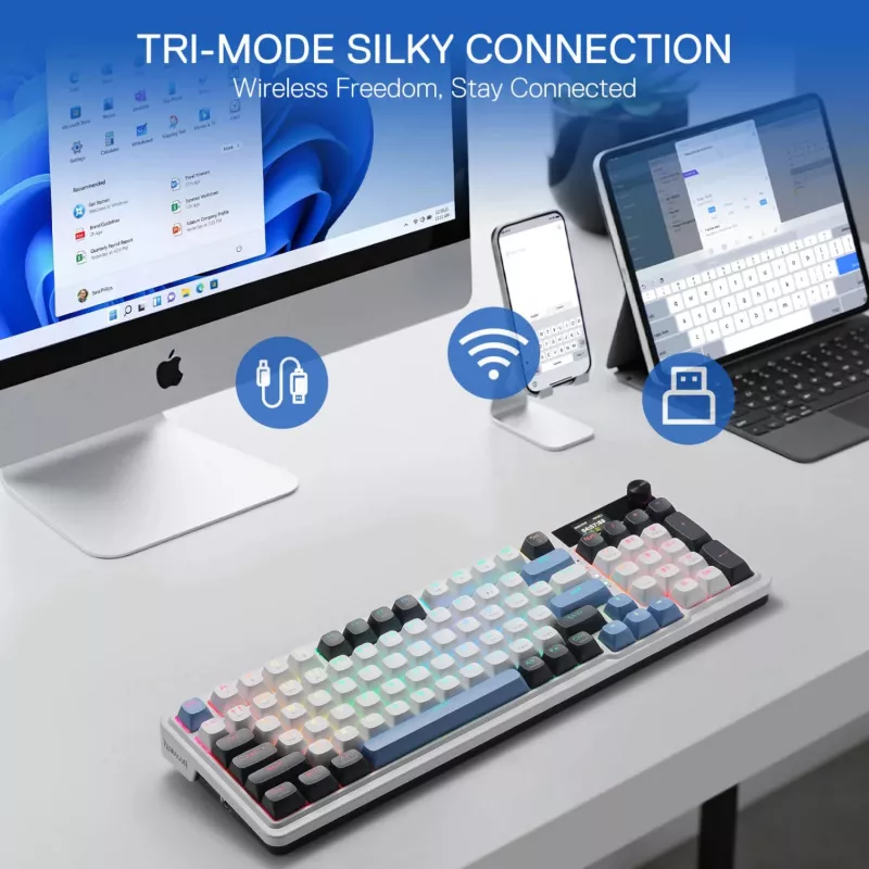 Redragon K719WGB GALATIN RGB PRO täissuuruses juhtmevaba mehaaniline mänguklaviatuur - valge