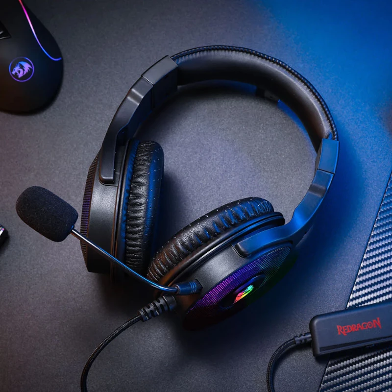 REDRAGON PANDORA H350 RGB Ümberkõrvaklapid mängimiseks eemaldatava mikrofoniga, 50mm draiverid, 3.5mm heli ja USB RGB toide, must