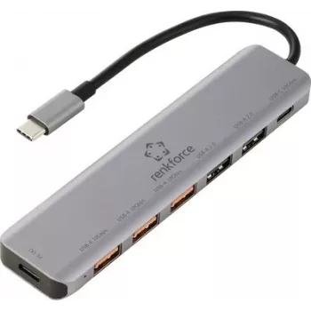 Renkforce RF-7465828 USB-C 6-in-1 hub, 3x USB-A 3.0, USB-C andmeport, 4K HDMI, 100W PD, hall