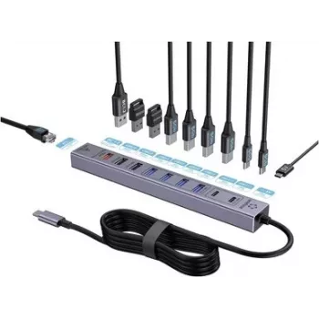 Renkforce RF-7465830 Sisemine USB-C 10-pordiline USB 3.0 jaotur, 5 Gbit/s, SATA toitega, hall