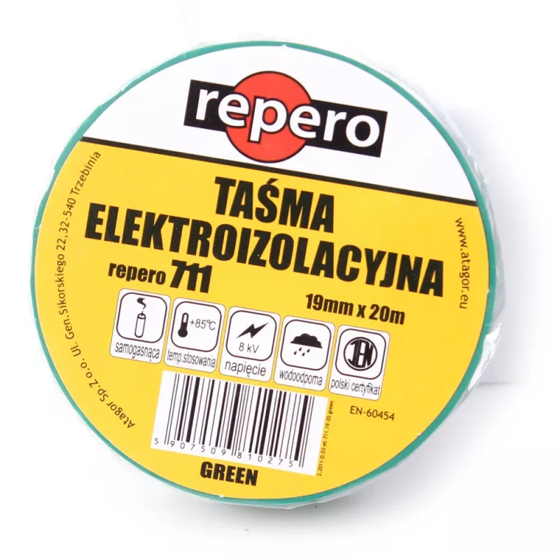 REPERO TTE711E4-0019-20 PVC elektriisolatsiooniteip, roheline, 19 mm x 20 m, 600V, leegiaeglustav