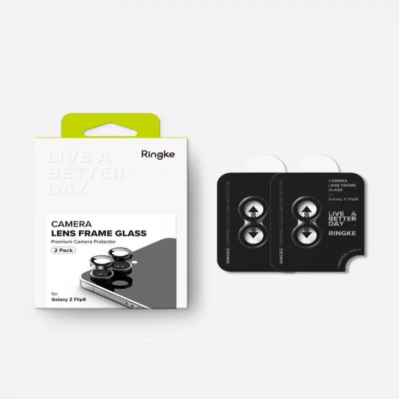 Ringke Camera Frame 2-Pack Samsung Galaxy Z Flip 8 jaoks - must alumiiniumsulamist objektiivikaitse 9H karastatud klaasiga