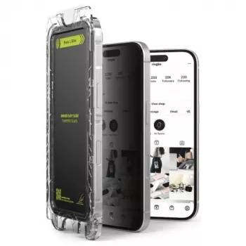 Ringke iPhone 15/16 ekraanikaitse privaatsus Premium Easy Slide karastatud klaas 9H paigaldusraamiga (2-pakk) läbipaistev