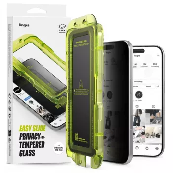 Ringke iPhone 17 Pro ekraanikaitse Premium Easy Slide privaatsus karastatud klaas 9H paigaldusraamiga (2-pakk) läbipaistev