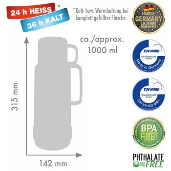 ROTPUNKT klaasist vaakumisolatsiooniga termokann 1,0 L läikiv rebasepunane