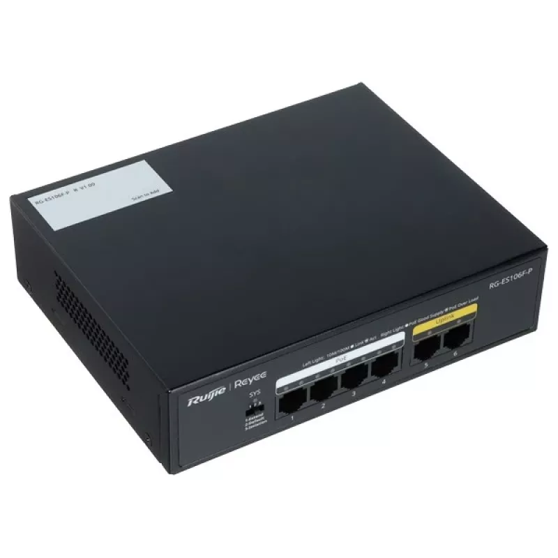 Ruijie RG-ES106F-P 6-pordine Fast Ethernet PoE kommutaator, 4 PoE+ porti, 54W eelarve, haldamata, must