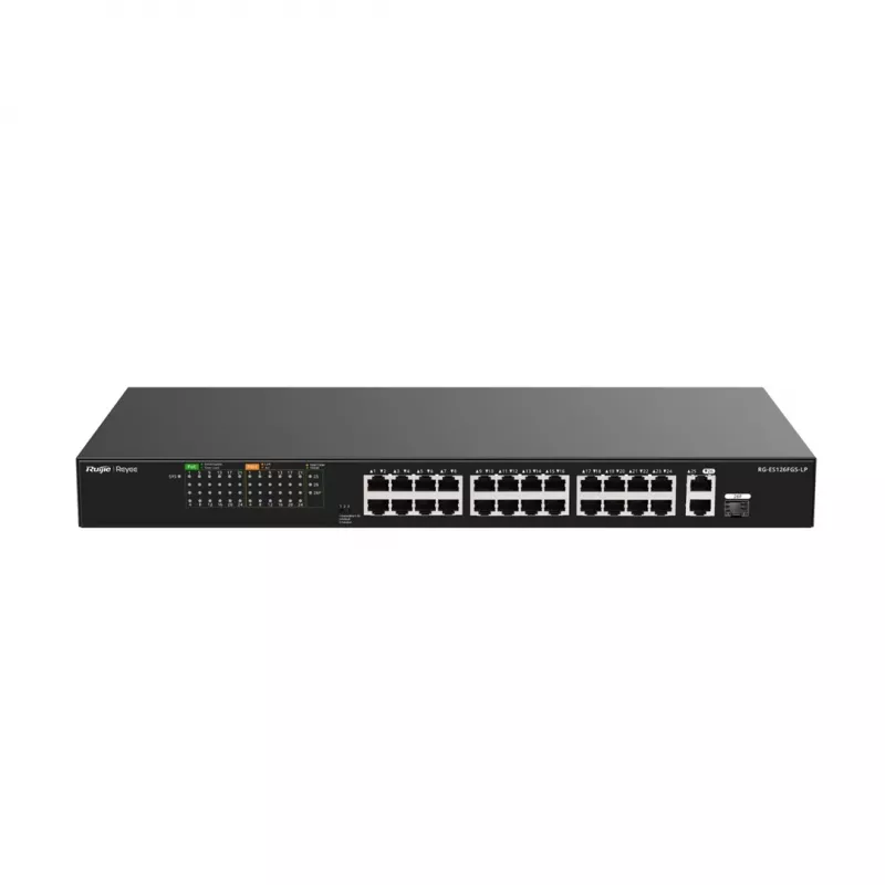 Ruijie RG-ES126FGS-LP 24-pordiline Fast Ethernet PoE+ kommutaator 2 Gigabit SFP üleslingiga, 370W PoE eelarve, rackmount