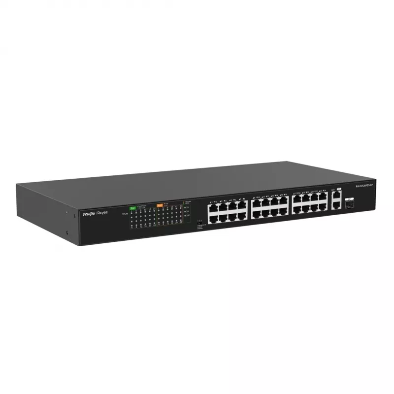 Ruijie RG-ES126FGS-LP 24-pordiline Fast Ethernet PoE+ kommutaator 2 Gigabit SFP üleslingiga, 370W PoE eelarve, rackmount