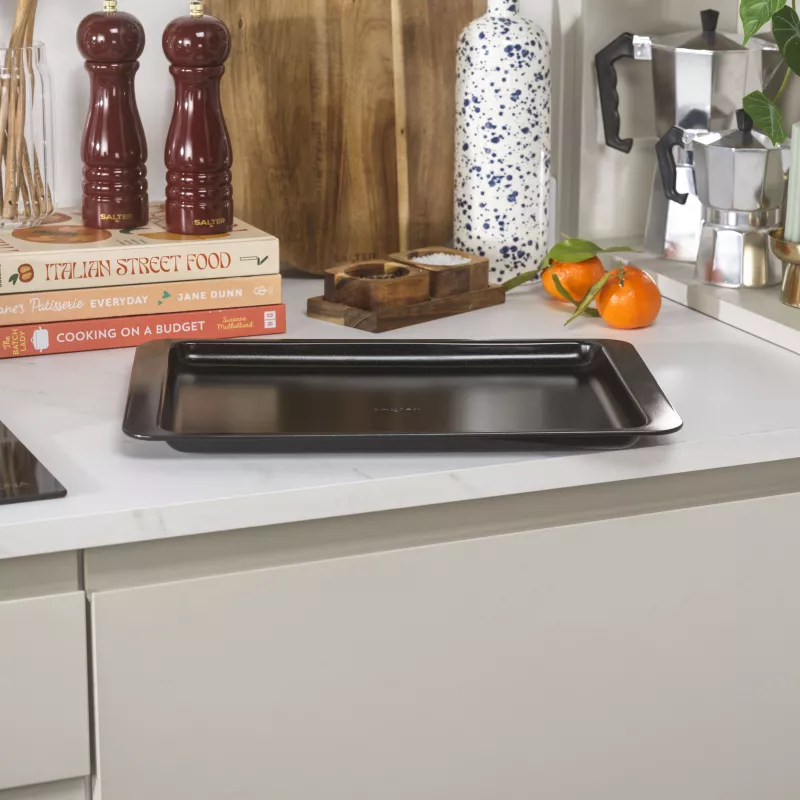 Salter BW14526 Expert Baking Tray - Carbon Steel Non-Stick Rectangular Baking Sheet, 220°C Oven Safe, Charcoal