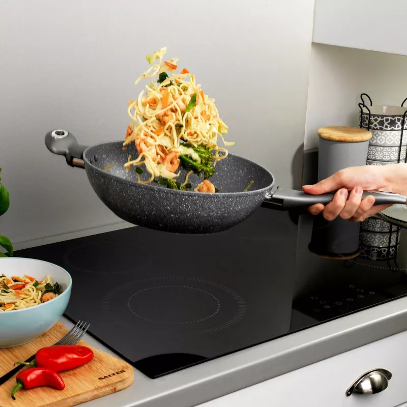 Salter Marblestone Wok 28cm Grey - Forged Aluminium Non-Stick Induction Compatible