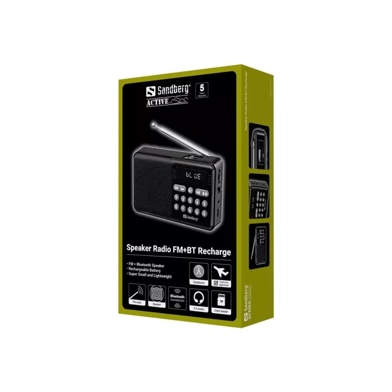 SANDBERG kõlar raadio FM+BT taaslaetav kaasaskantav Bluetooth-kõlar FM-raadio, AUX, USB, MicroSD, 6W, must