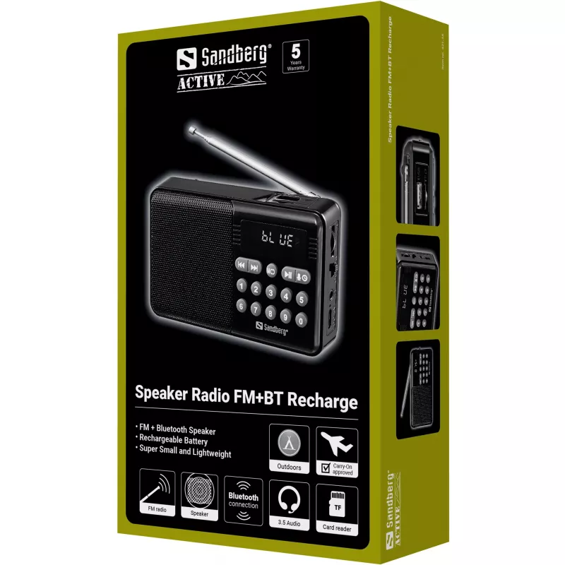 SANDBERG kõlar raadio FM+BT taaslaetav kaasaskantav Bluetooth-kõlar FM-raadio, AUX, USB, MicroSD, 6W, must