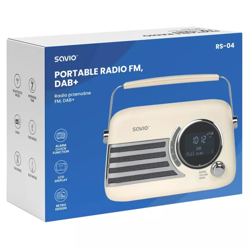 SAVIO RS-04 kaasaskantav DAB+ FM raadio, laetava akuga, LCD-ekraaniga, kahe äratusega, must