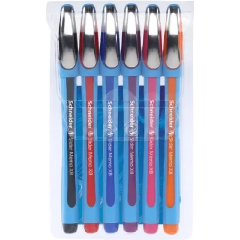 Schneider Slider Memo XB pastapliiatsite komplekt - 6 erinevat värvi (must, sinine, punane, roheline, oranž, violetne) - ülierilai 1,4 mm roostevabast terasest ots - Viscoglide kiiresti kuivav tint 150296